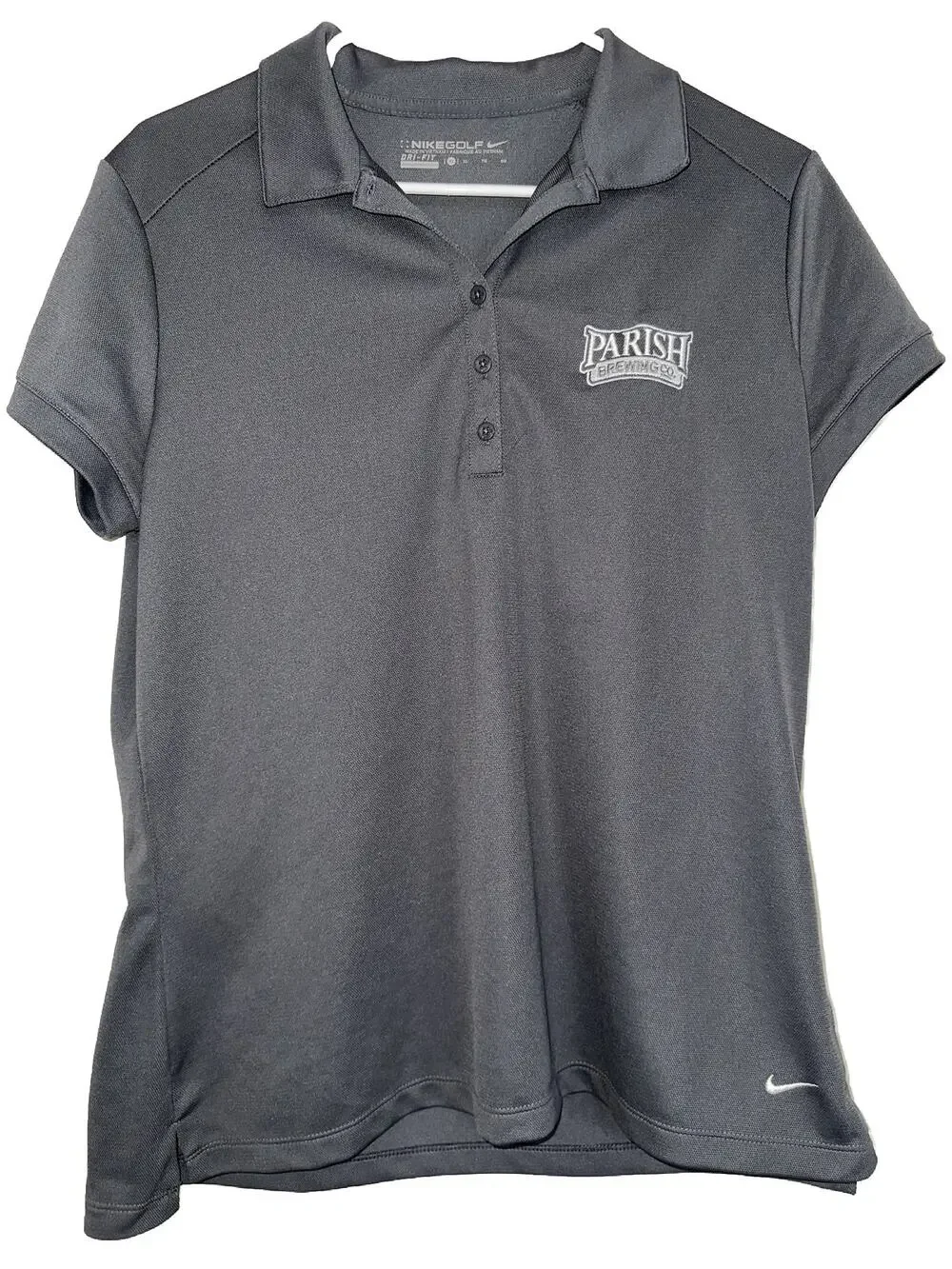 NIKE Golf Dri Fit Solid Gray Polo Size XL Short Sleeve Parish Brewing Co Women